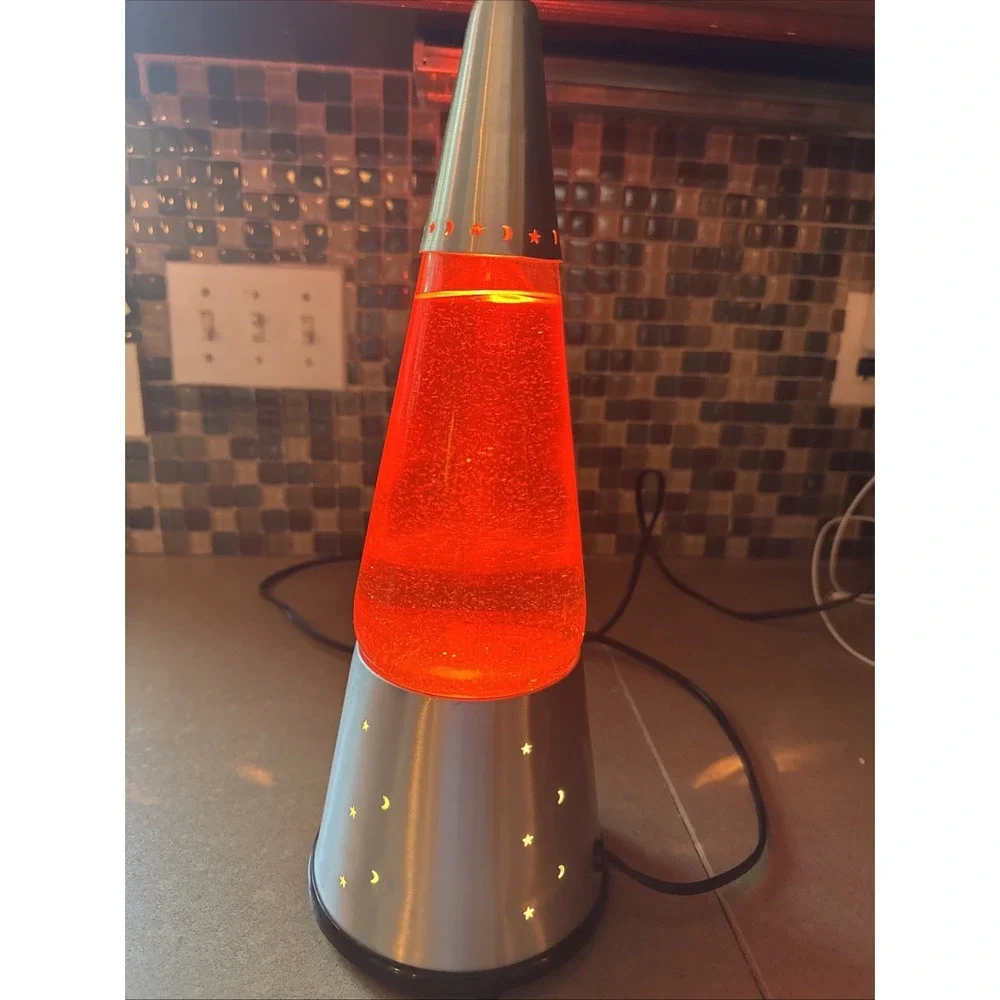 Vintage Moon and Stars‎ Glitter Lava Lamp Orange/Red  Silver Base